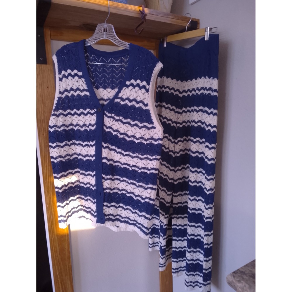 Navy Blue White Crochet Knit 2 Piece Set Chevron Vest and Wide Leg Pants